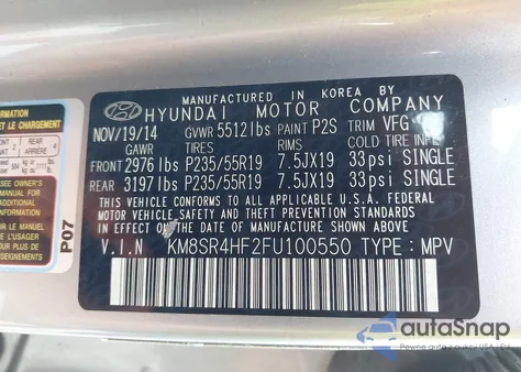 2015 Hyundai Santa Fe Limited z USA, uszkodzony, nr VIN KM8SR4HF2FU100550